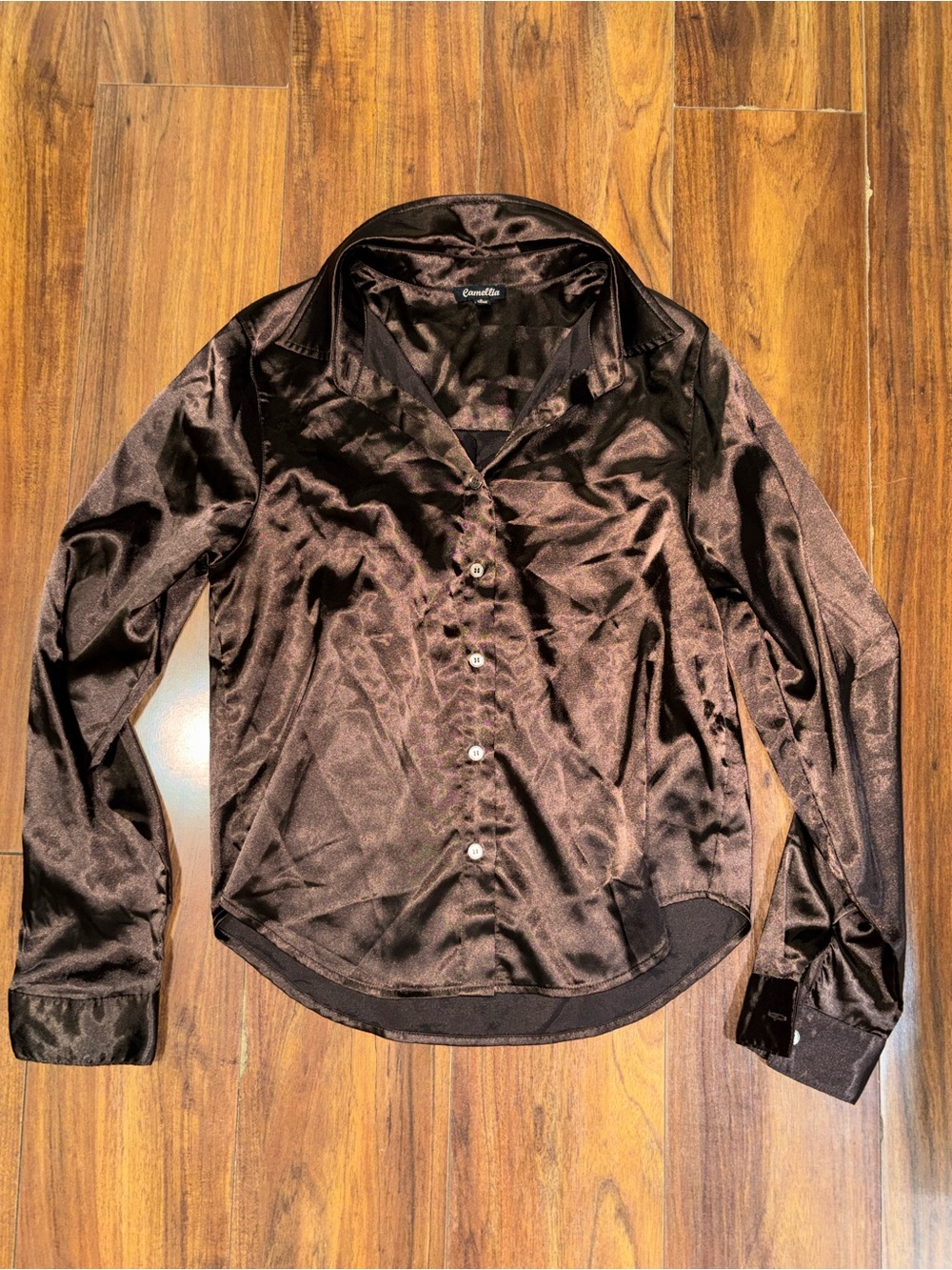 Classic Satin Button-Down Shirt in Deep Brown
